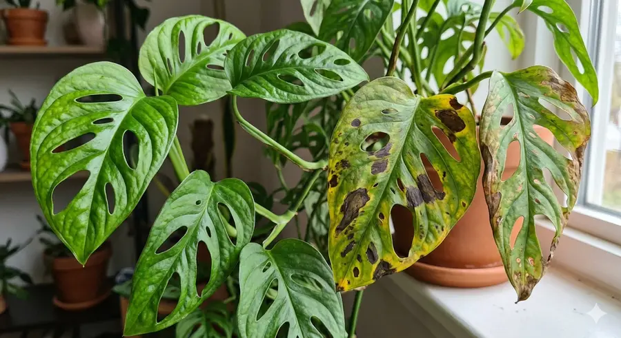 Plynt marketing image showing healthy and damaged monstera leaves